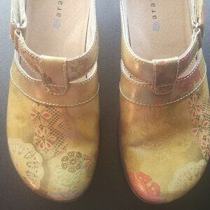 Aravon Yellow Paisley and Red Flower Mule Clogs